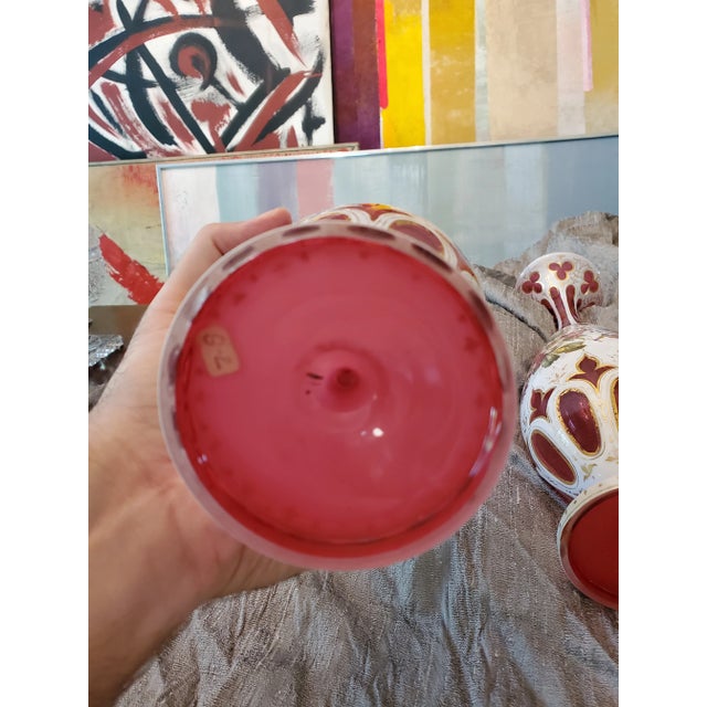Alabaster Pair of Antique Bohemian Glass Moser Vases Ruby Overlay For Sale - Image 8 of 11
