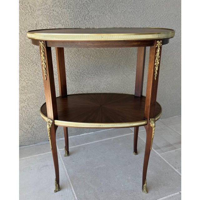Circa 1930 Louis XVI-Style Mahogany Starburst Marquetry Two-Tier Oval Accent Table With Brass Mounts For Sale - Image 18 of 18