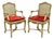 Vintage French Louis XV Style Cream Painted Carved Wood Cane Arm Chairs - A Pair For Sale
