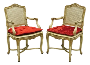 Vintage French Louis XV Style Cream Painted Carved Wood Cane Arm Chairs - A Pair