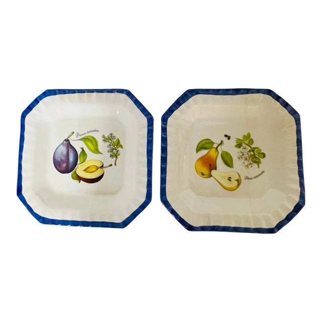 Italian Blue and White Plates With Pear and Plum Designs - Set of 2 For Sale