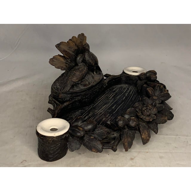 19th Century Antique Black Forest Capercaillie Double Inkwell: Hand Carved Fowl Decor For Sale - Image 5 of 10