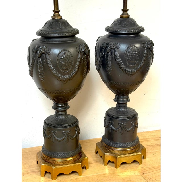 Mid 20th Century Warren Kessler Wedgwood Style Black Basalt Neoclassical Urn Lamps - a Pair For Sale - Image 12 of 16