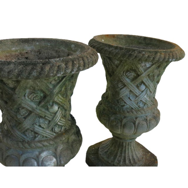 Antique White Vintage Large Concrete Garden Urns With Floral Rosetta Relief and Tudor Weave Design- A Pair For Sale - Image 8 of 13