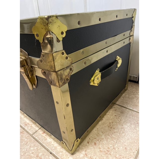 Mid 20th Century Antique Everlite Black and Brass Steamer Trunk Made in Canada For Sale - Image 5 of 13