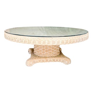 Large 1980s Coastal Round Woven Rattan Wicker Coffee Table With Glass Top For Sale