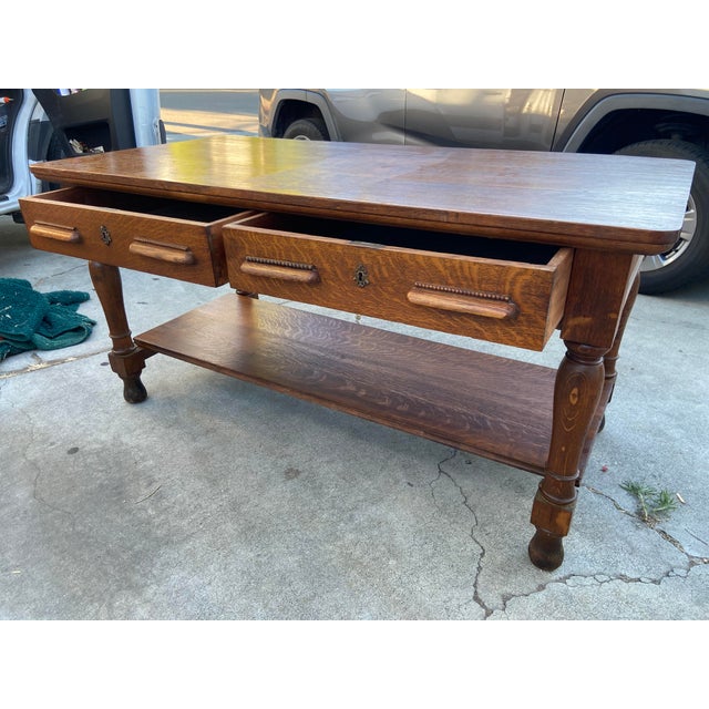 1900 - 1909 Antique Arts and Crafts Oak Library Desk Writing Table Wirh Shelf Mission Style For Sale - Image 5 of 18