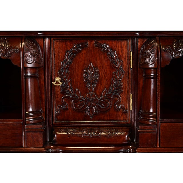 Baker Furniture Style English Georgian Carved Mahogany Breakfront Bookcase Cabinet With Drop Front Secretary Desk For Sale - Image 9 of 13