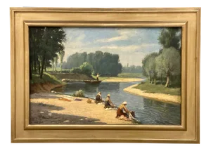 Giulio Vanzaghi, Women by River, 1960s, Oil on Canvas, Framed