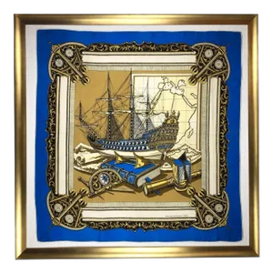 Vintage Framed Hermes Style Scarf Wall Art, Navy, Gold & Blue Sailboat