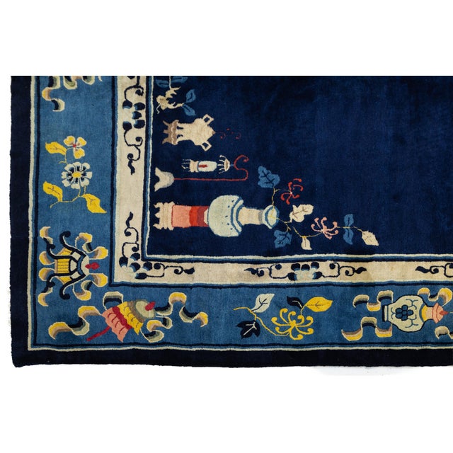Antique Chinese Art Deco Rug in Deep Blue With Medallion & Botanical Motifs For Sale - Image 10 of 13