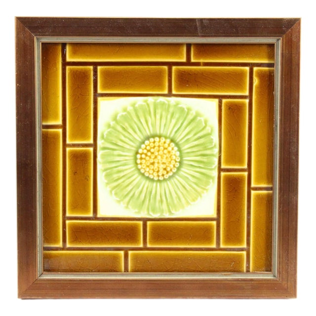 19th/20th C. English Art Nouveau Ceramic Majolica Glazed Tile With Flower, Framed For Sale