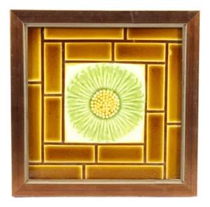 19th/20th C. English Art Nouveau Ceramic Majolica Glazed Tile With Flower, Framed