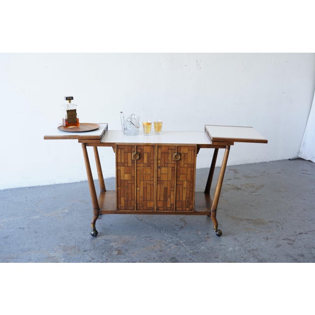 Brutalist 1960s Bert England Brutalist Forward Trend Drop-Leaf Bar Cart / Serving Cabinet For Sale - Image 3 of 15