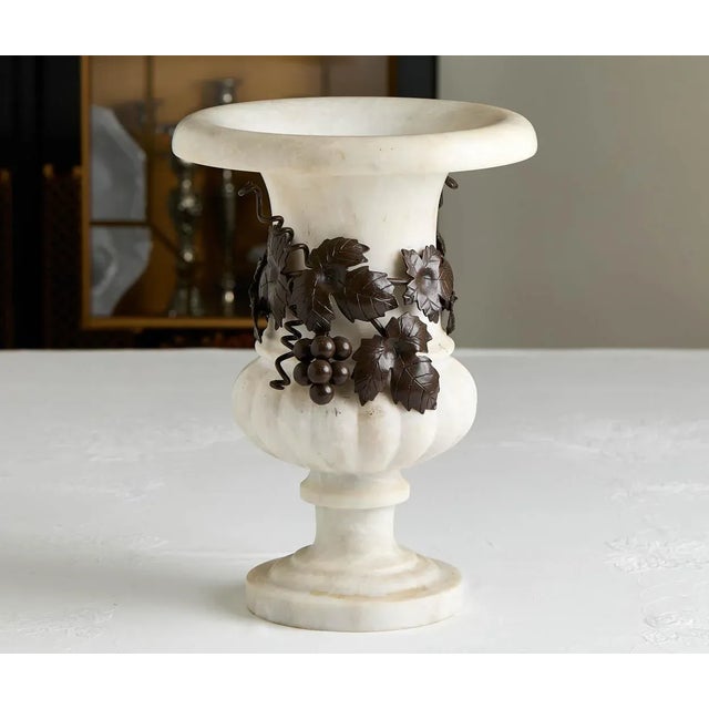 Large Vintage Marble Urn With Ornamental Iron Decor For Sale - Image 4 of 5