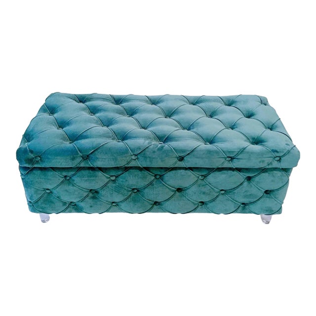 Tufted Hunter Green Rectangular Ottoman For Sale