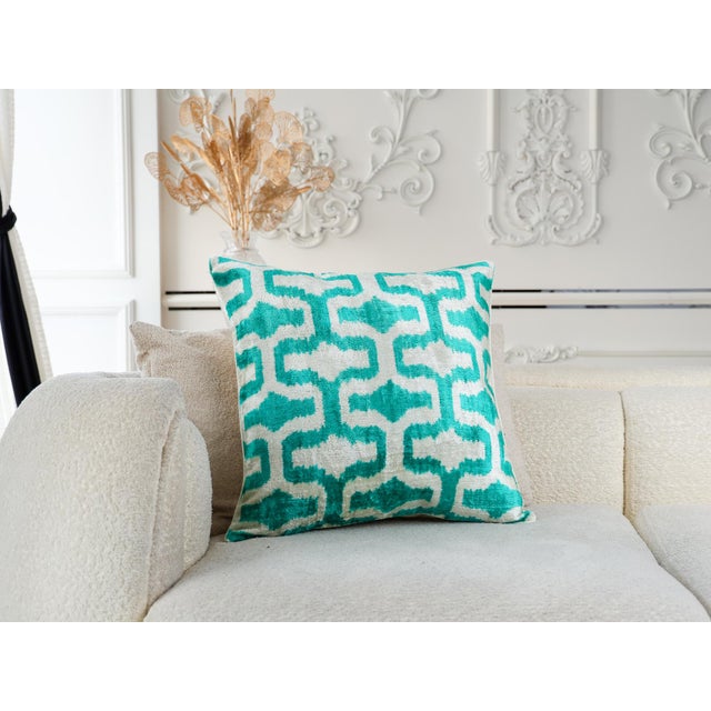 Contemporary Teal Silk Velvet Geometric Ikat Pillow Cover, Handmade Cushion Cover, Turquoise Boho Home Decor, Throw Pillow Case For Sale - Image 3 of 4