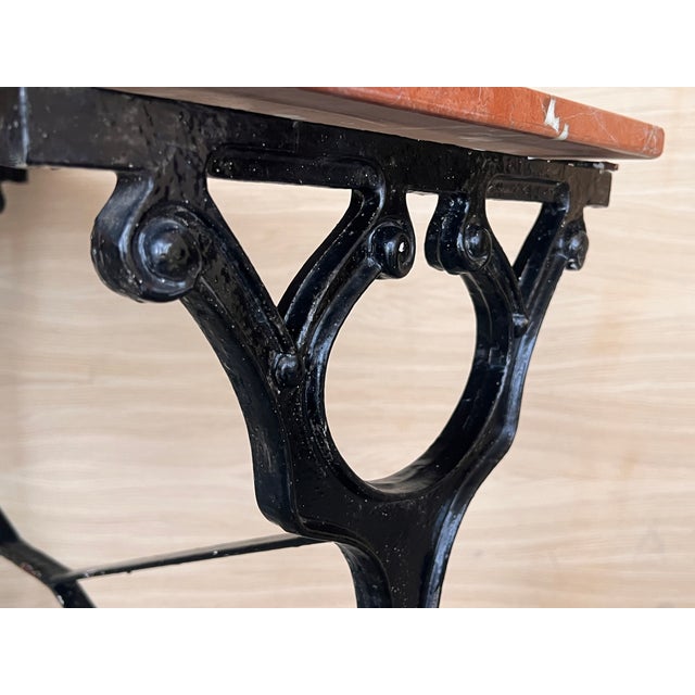Metal French Solid Cast Iron French Scrolling Bistro Table With Pink Marble Top For Sale - Image 7 of 11