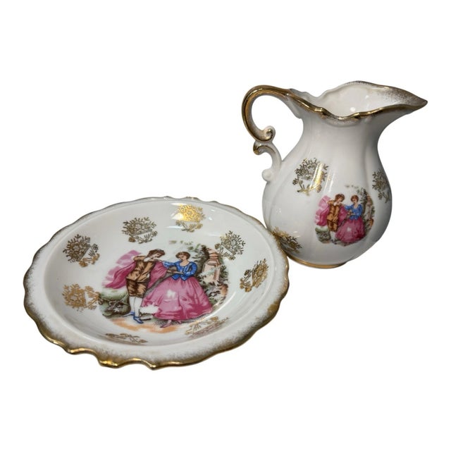 Vintage Japan Creamer and Saucer Courting Couple Victorian Scene Gold Gilt For Sale - Image 4 of 13