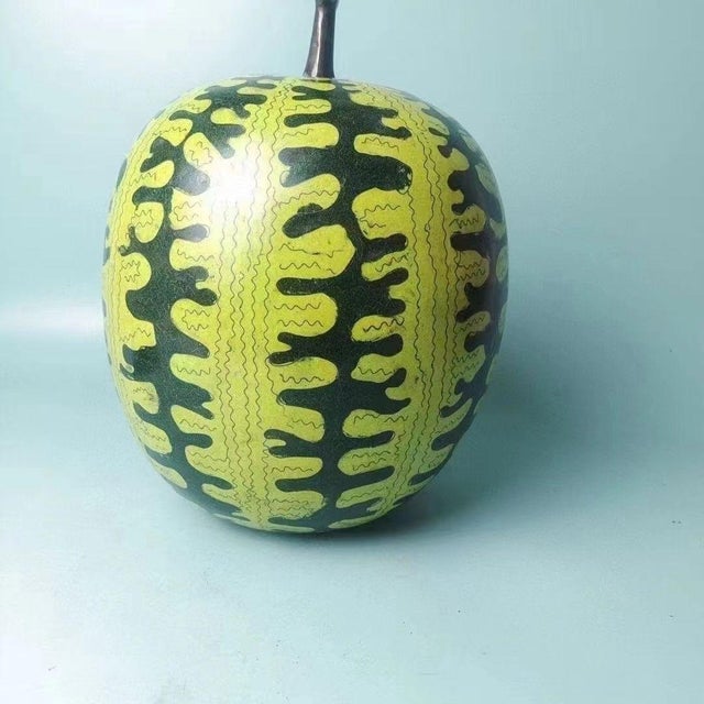 Asian Large Vintage Cloisonné Enamel Watermelon Figure – Copper Body, Green & Yellow Motif For Sale - Image 3 of 6