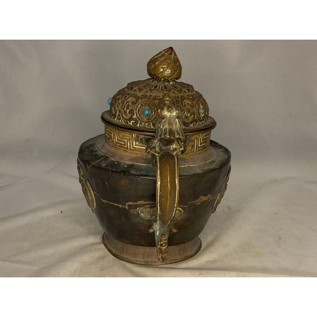 Metal Antique Chinese Tibetan Dragon Teapot: Mixed Metals, Turquoise Jewels For Sale - Image 7 of 10