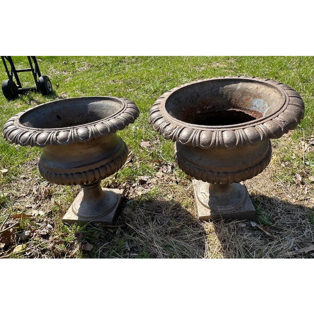 Late 20th Century Shallow Form English Cast Iron Urns - A Pair For Sale - Image 4 of 10