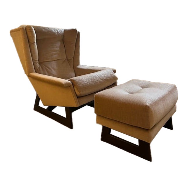 Vintage Wingback Lounge Chair and Custom Ottoman Reupholstered in Pollack Fabric For Sale