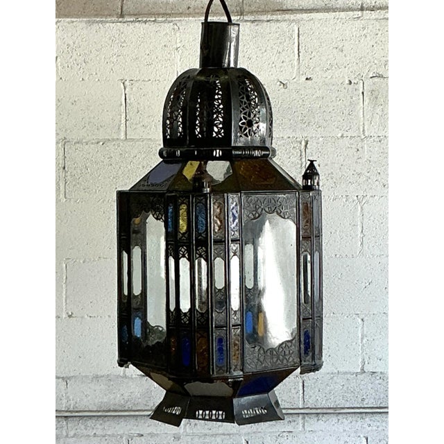 Bronze Vintage Boho Punch Cut Metal Moroccan Lantern For Sale - Image 8 of 9