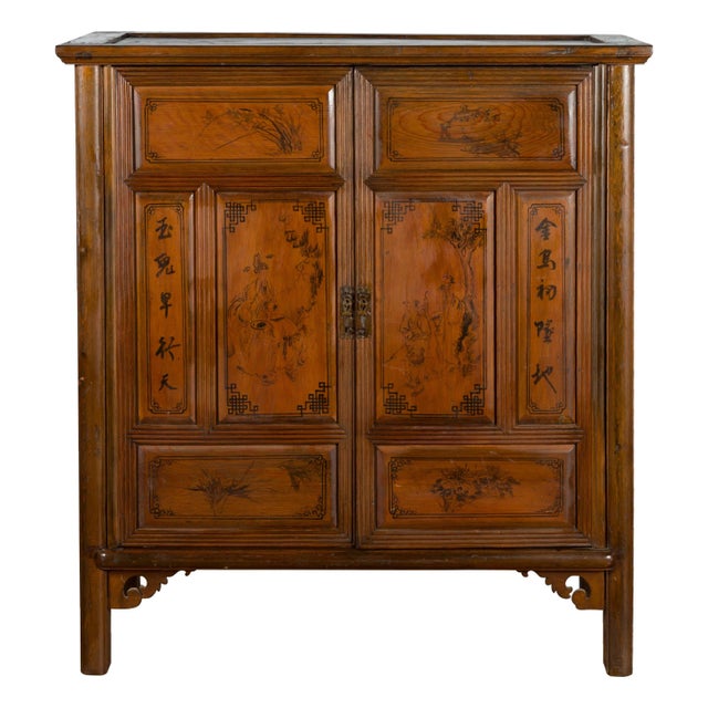 Early 20th Century Chinese Hand-Painted Figure & Calligraphy Cabinet For Sale - Image 10 of 13