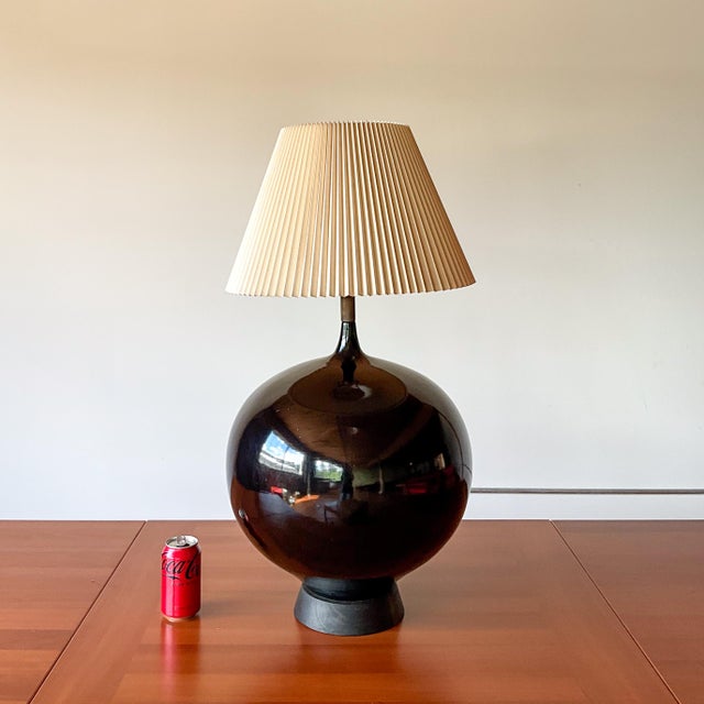 Wood Mid 20th Century Mid Century Modern XL Black Ceramic and Walnut Sphere Table Lamp For Sale - Image 7 of 14