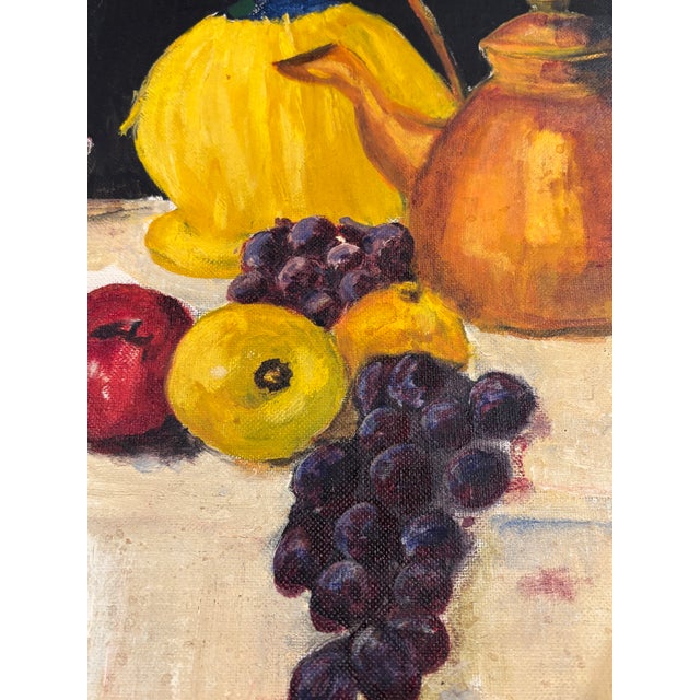 Vintage Still Life Oil Painting With Fruit, Wine Bottle & Copper Kettle, 14” × 18” For Sale In San Diego - Image 6 of 10