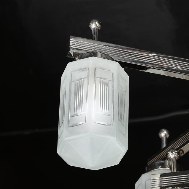 Silver Art Deco Style 10 Arm Frosted & Etched Glass Chandelier W/ Polished Nickel Frame For Sale - Image 8 of 18