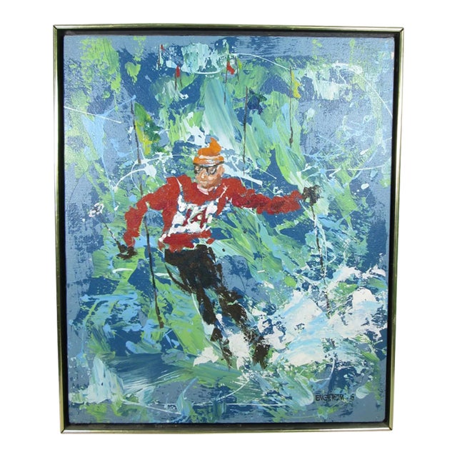 1969 Magnus Engstrom Painting Downhill Skier Mid Century Modern For Sale