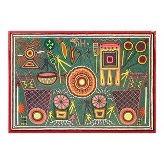 Mexican Handmade Wool Folk Art Textile "Feast of the Peyote for Better Crops" For Sale