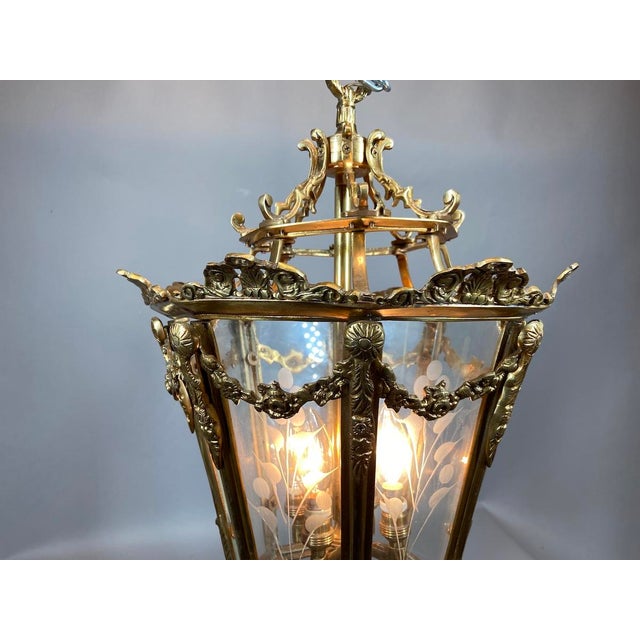 1970 Handcrafted Louis XVI Gold Bronze Glass Chandelier Lantern For Sale - Image 11 of 18