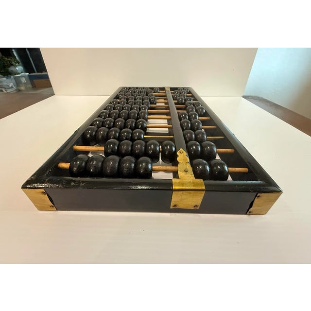 Wood Vintage Chinese Lotus-Flower Brand Suanpan Abacus With Brass Accents Brass 11 Rows 77 Beads For Sale - Image 7 of 12