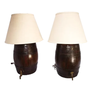 Pair of Vintage Authentic Scotch Liquor Barrel Lamps With Shades