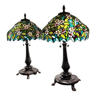Limited-Edition Dale Tiffany Apple Blossom Lamps W Coa Stained Glass - a Pair For Sale