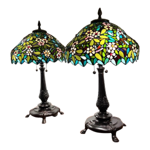 Limited-Edition Dale Tiffany Apple Blossom Lamps W Coa Stained Glass - a Pair