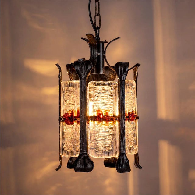 Black Brutalist Pendant Lamp in Wrought Iron and Colored Murano Glass attributed to Tom Ahlström & Hans Ehrich, Sweden, 1960s For Sale - Image 8 of 9