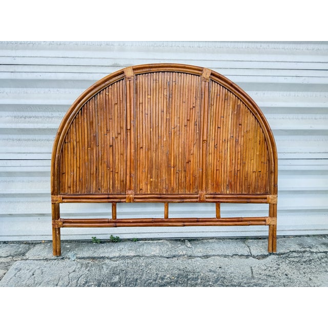 70's Waterfall Rattan Queen Size Headboard Manner of Gabriella Crespi sold as found in good condntio with a slight warp to...