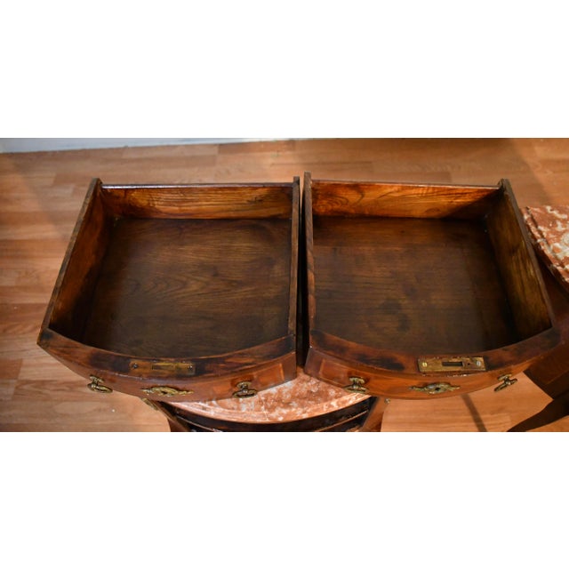 1890s Pair French Louis XV Walnut Satinwood Inlay & Marble Top Nightstands For Sale - Image 12 of 18