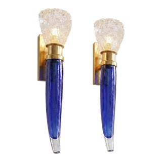 1970s Mid Century Modern Blue Murano Glass Italian Sconces - A Pair For Sale