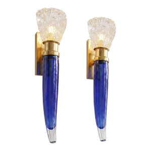 1970s Mid Century Modern Blue Murano Glass Italian Sconces - A Pair