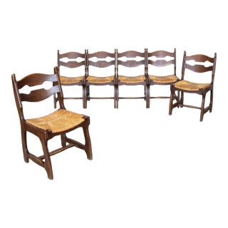 1940s French Oak Dining Chairs in the Style of Guillerme & Chambron - Set of 6 For Sale