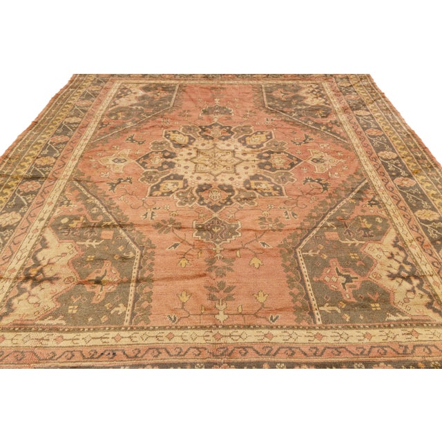 10 X 11 Turkish Oushak Antique Wool Rug in Peach With Medallion Motif For Sale In New York - Image 6 of 10