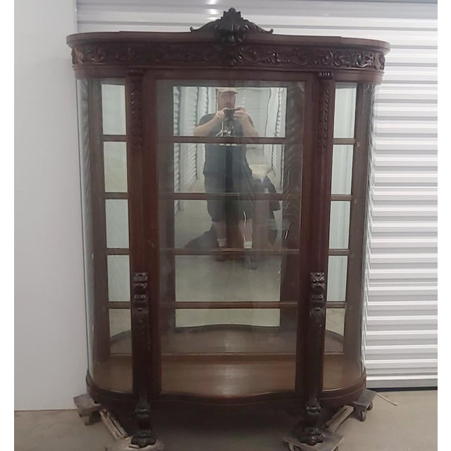 Antique Victorian Carved Oak North Wind Curved Glass Curio Crystal Display Cabinet C1900 Chairish