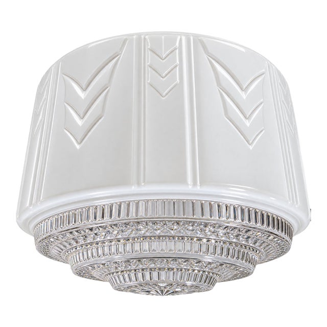 1930s Machine Age Art Deco Skyscraper Milk Glass Pendant Shade For Sale
