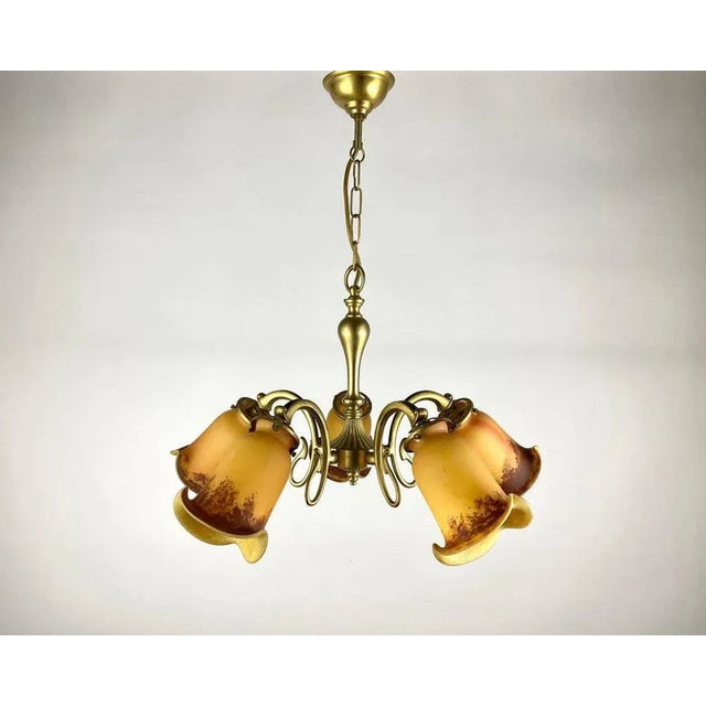Vintage French Hanging Light in Gilt Brass & Colored Glass Lamp, 1980s For Sale - Image 6 of 6