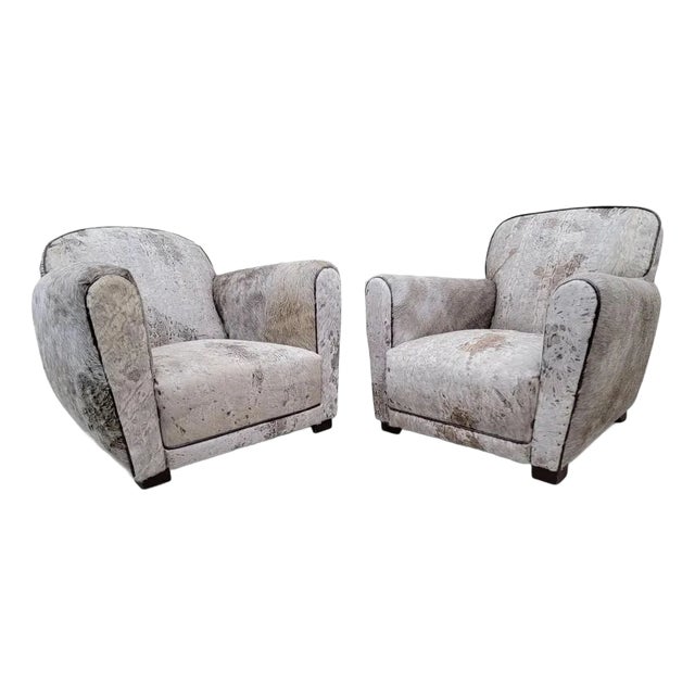 Vintage French Art Deco Club Chairs Reupholstered in Cowhide - Pair For Sale